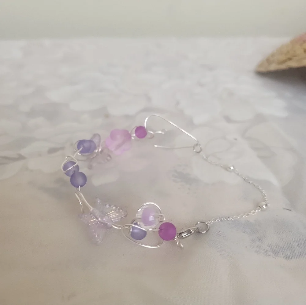 Silver Plated Holographic Butterfly Frosted Glass Wire Ball Chain Bracelet - Picture 13 of 14